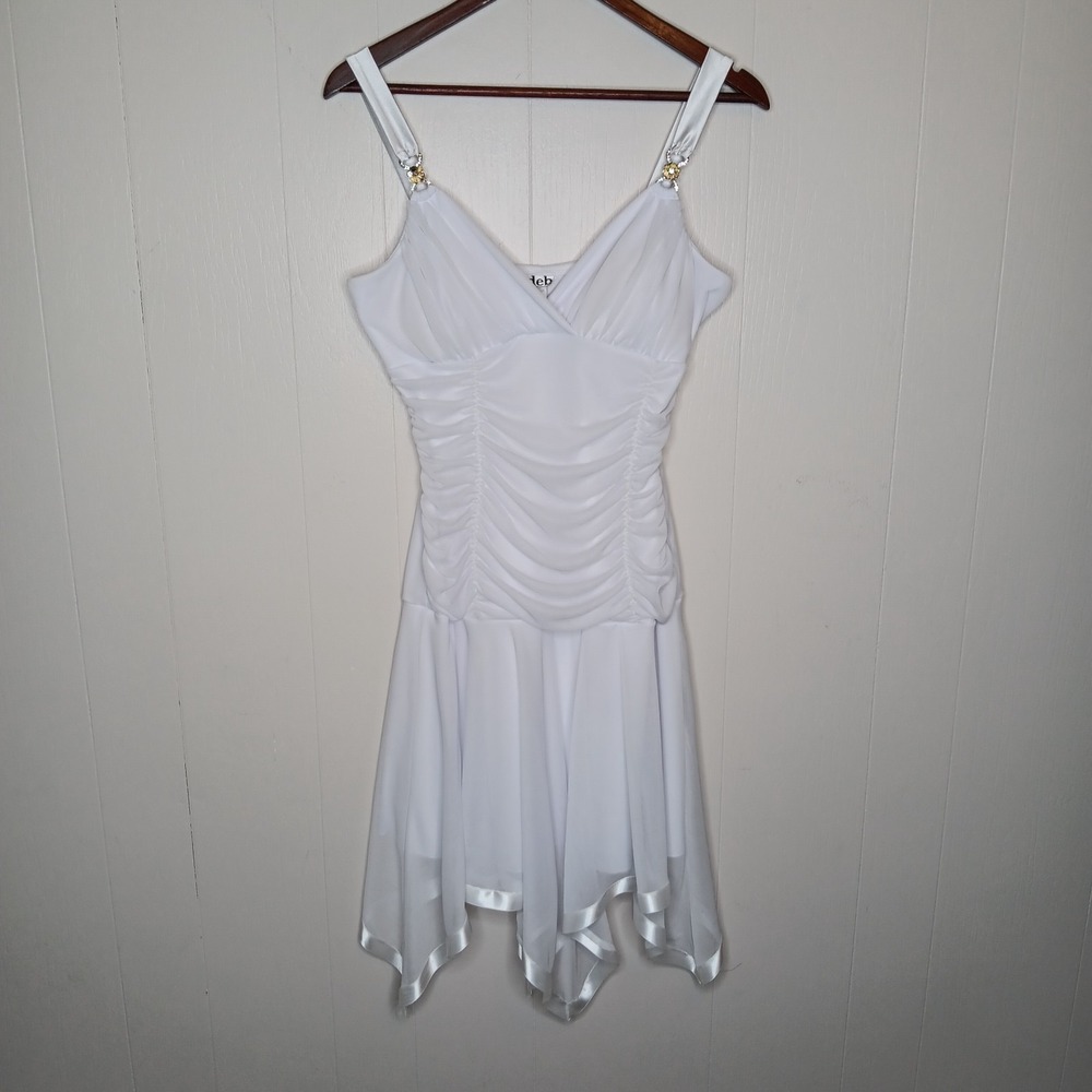 Y2K Deb Handkerchief Hem Dress XL White Ruched Rhinestone Angel Fairy McBling